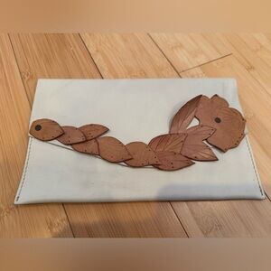 LIKE NEW! GAP Cream Clutch with Pink Leaf Design Suede Magnetic Closure